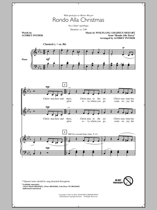 Wolfgang Amadeus Mozart Rondo Alla Christmas (arr. Audrey Snyder) sheet music notes and chords arranged for 2-Part Choir