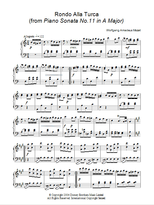 Wolfgang Amadeus Mozart Rondo Alla Turca, from the Piano Sonata A Major, K331 sheet music notes and chords arranged for Piano Solo