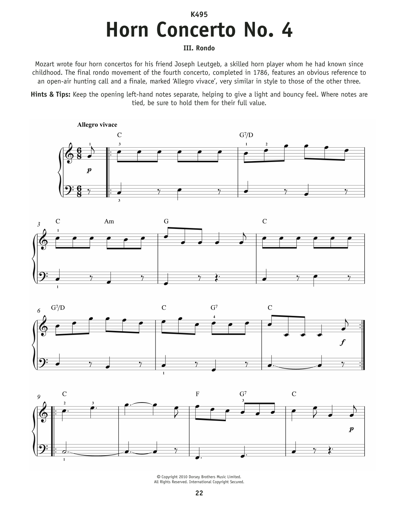 Wolfgang Amadeus Mozart Rondo From Horn Concerto No. 4 In E sheet music notes and chords arranged for Really Easy Piano
