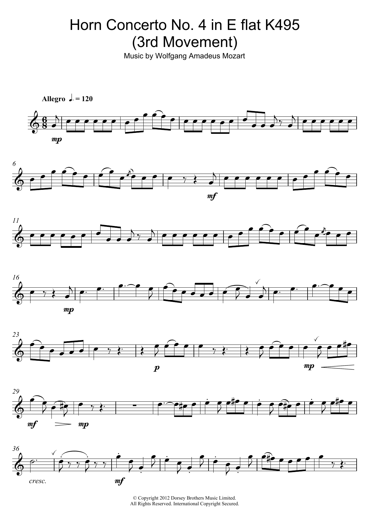 Wolfgang Amadeus Mozart Rondo from Horn Concerto No.4, K495 sheet music notes and chords arranged for Alto Sax Solo