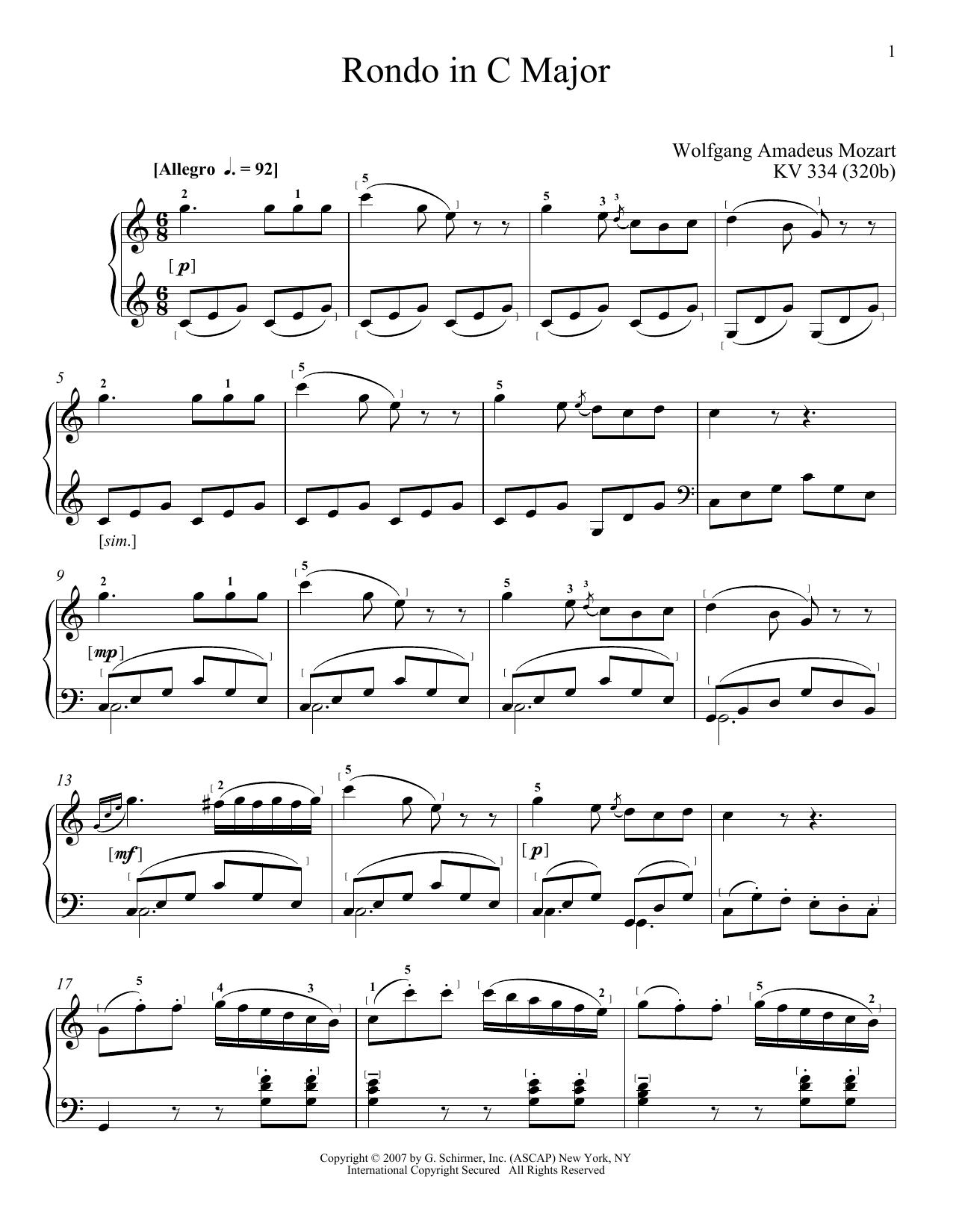 Wolfgang Amadeus Mozart Rondo In C Major sheet music notes and chords arranged for Easy Piano