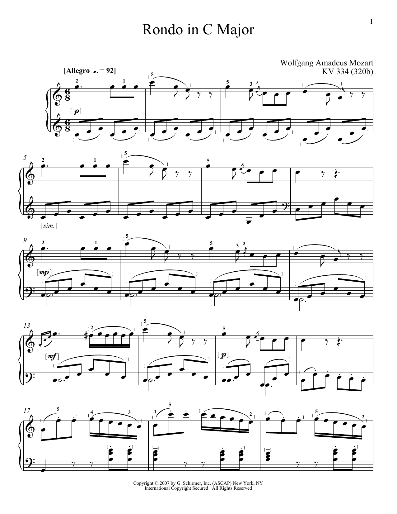 Wolfgang Amadeus Mozart Rondo In C Major sheet music notes and chords arranged for Piano Solo