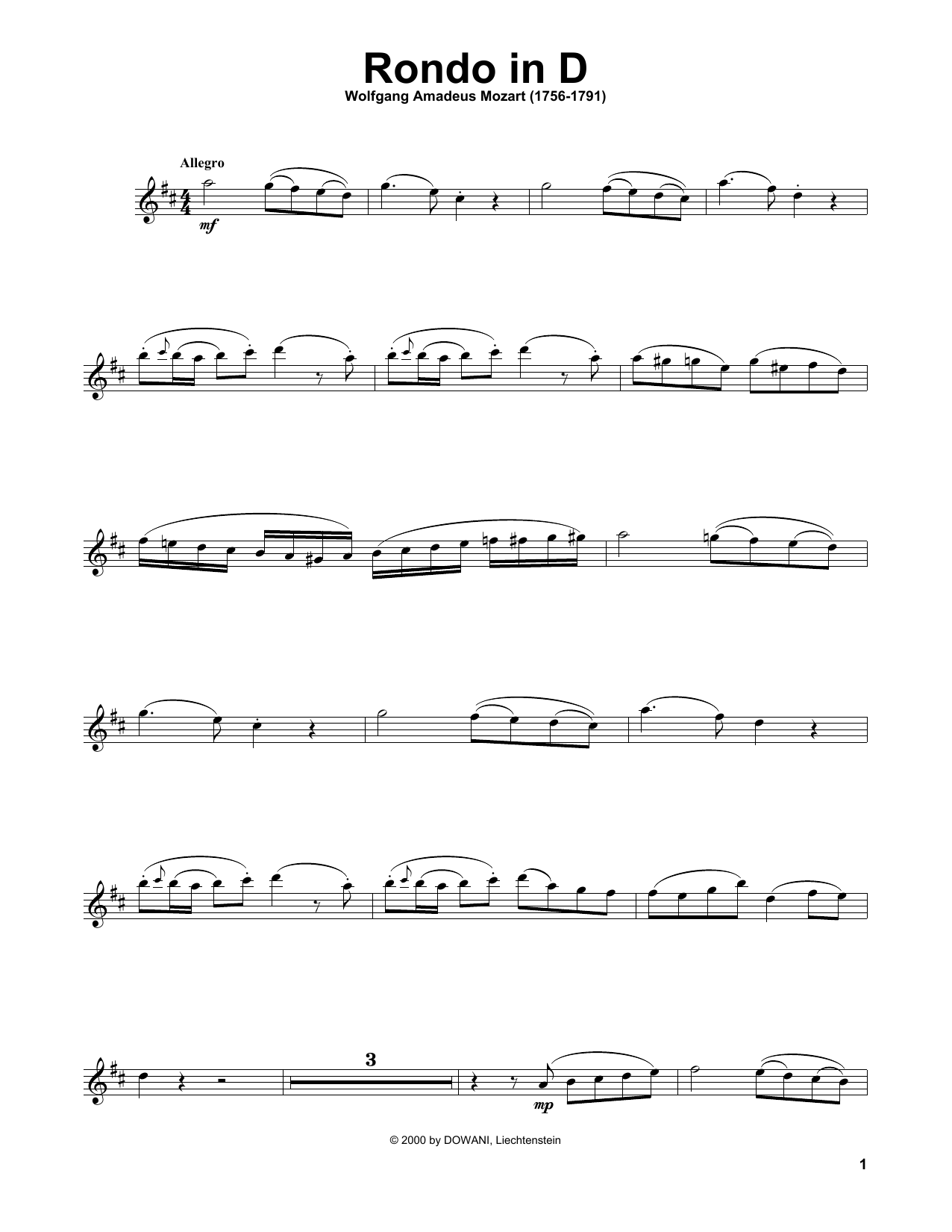 Wolfgang Amadeus Mozart Rondo In D Major, K. 485 sheet music notes and chords arranged for Violin Solo