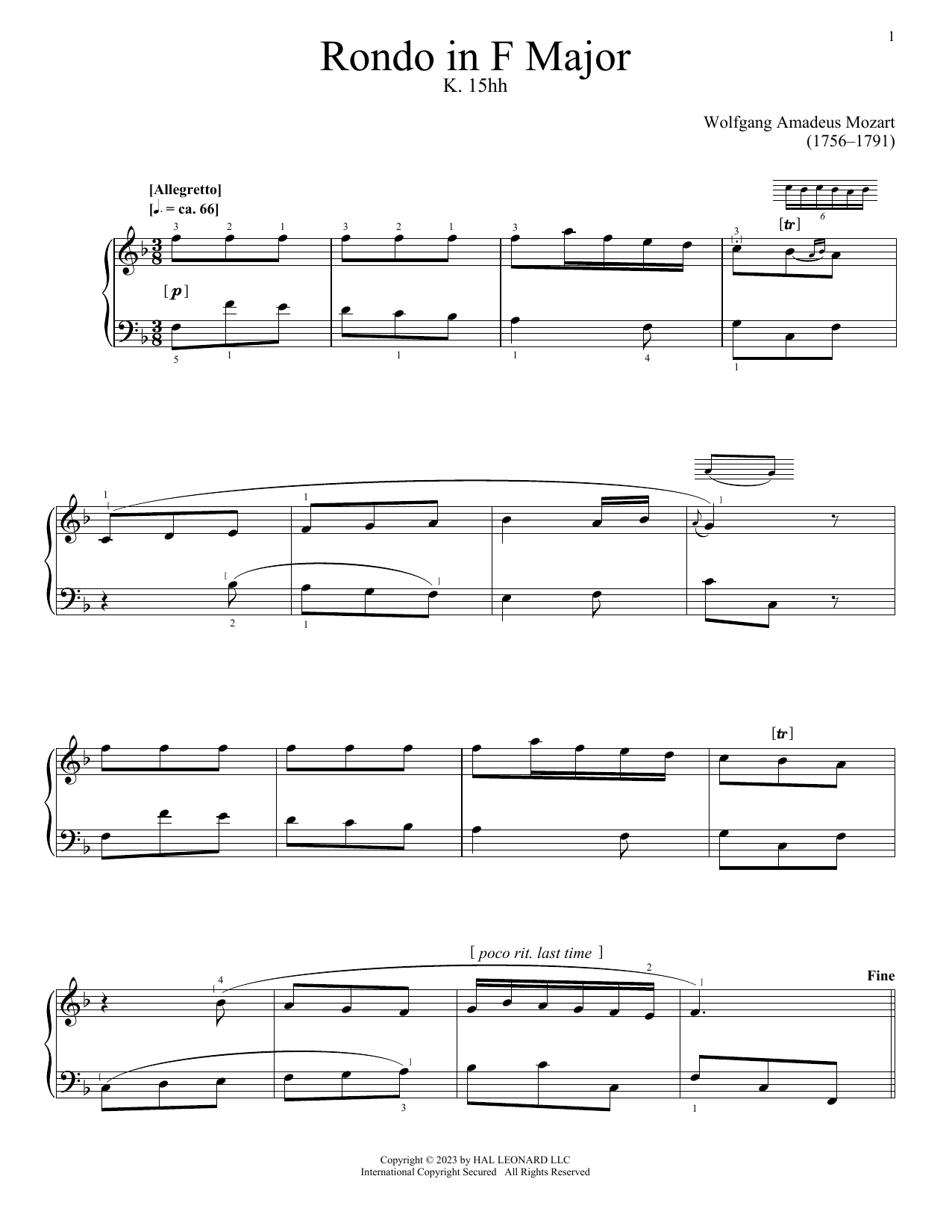 Wolfgang Amadeus Mozart Rondo, K. 15hh sheet music notes and chords arranged for Piano Solo