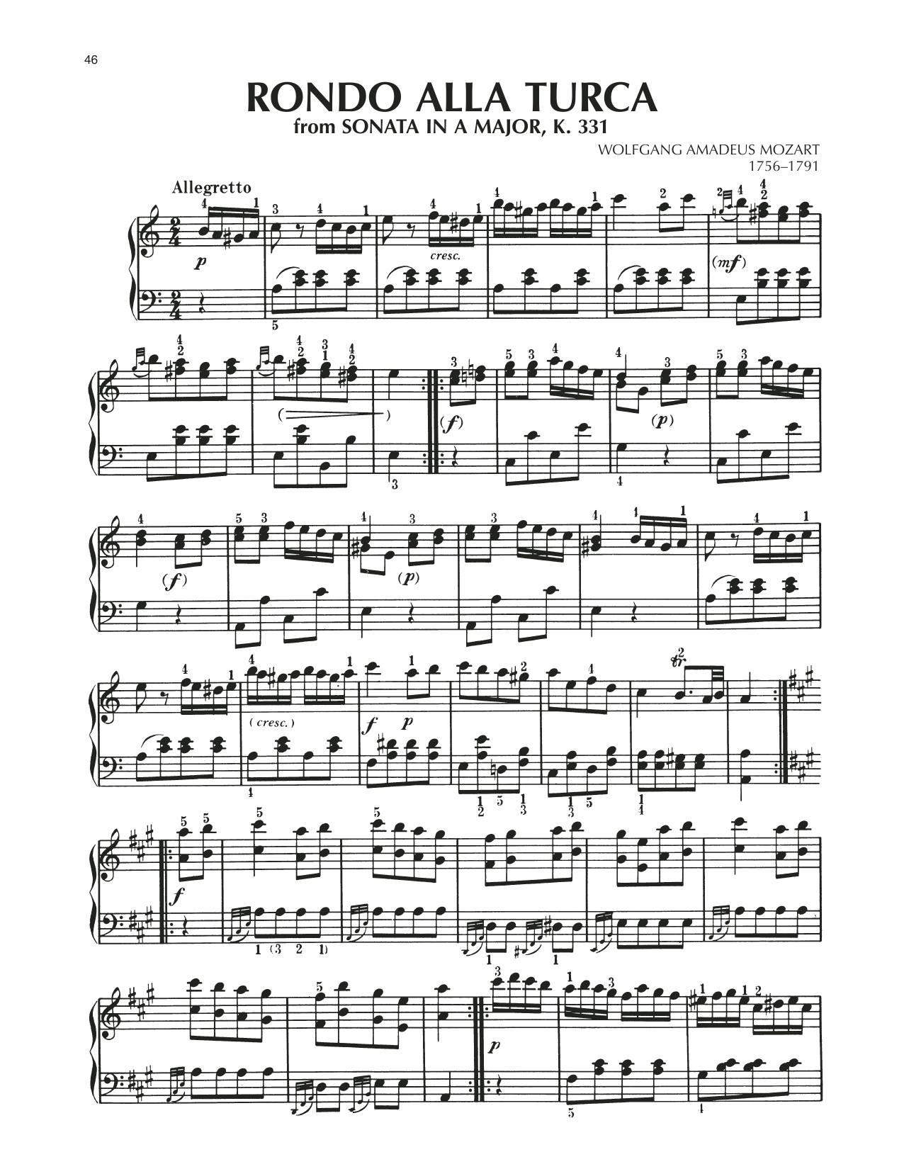 Wolfgang Amadeus Mozart Rondo: Allegretto (Alla Turca), K. 331 sheet music notes and chords arranged for Piano Solo