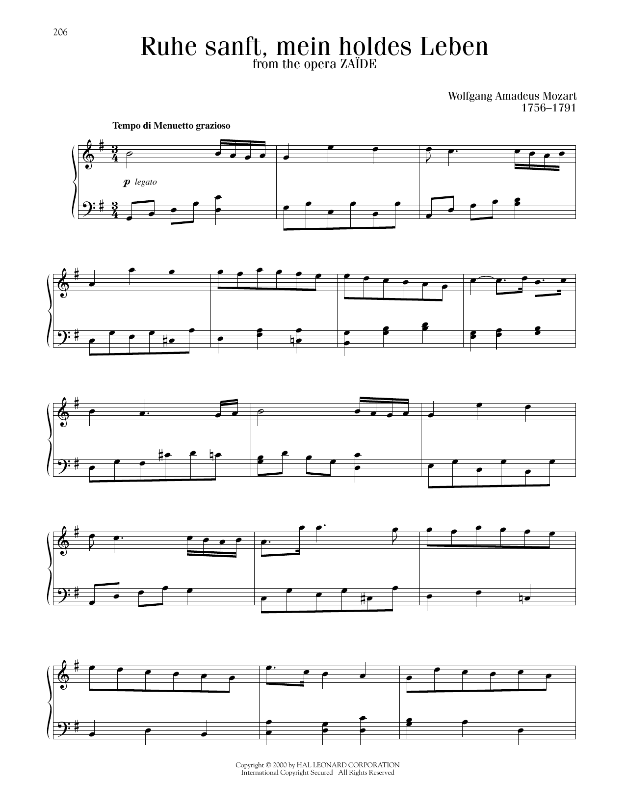 Wolfgang Amadeus Mozart Ruhe Sanft, Mein Holdes Leben sheet music notes and chords arranged for Piano Solo