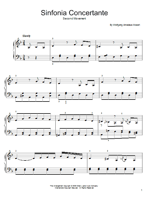 Wolfgang Amadeus Mozart Sinfonia Concertante (2nd Movement) sheet music notes and chords arranged for Easy Piano