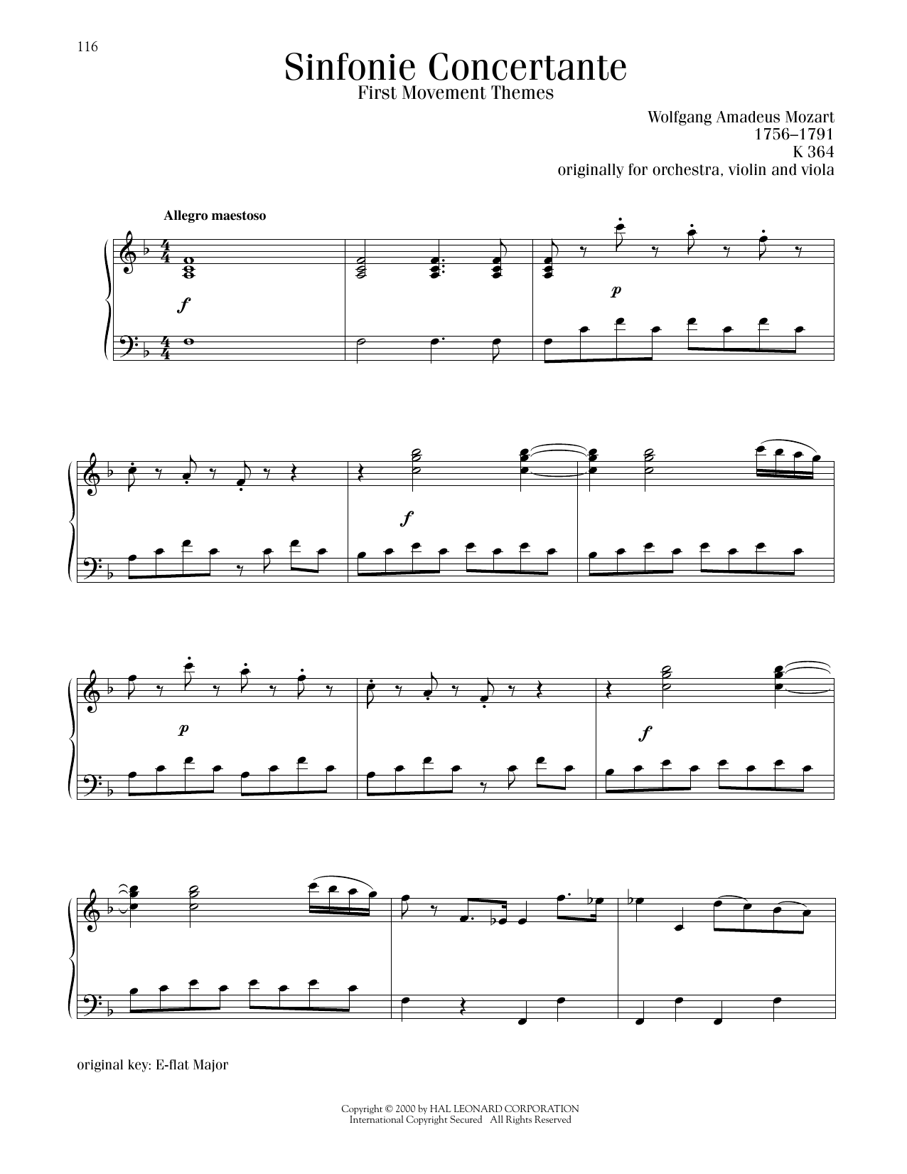 Wolfgang Amadeus Mozart Sinfonie Concertante, First Movement Themes sheet music notes and chords arranged for Piano Solo