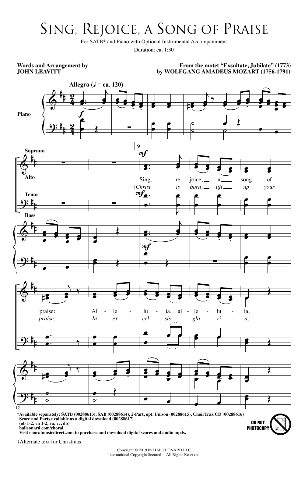 Wolfgang Amadeus Mozart Sing, Rejoice A Song Of Praise (arr. John Leavitt) sheet music notes and chords arranged for 2-Part Choir