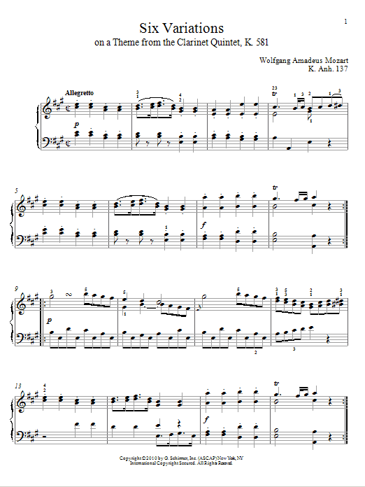 Wolfgang Amadeus Mozart Six Variations on A Theme From The Clarinet Quintet, K. 581, K. Anh. 137 sheet music notes and chords arranged for Piano Solo