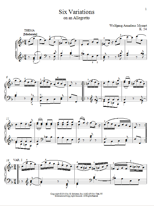 Wolfgang Amadeus Mozart Six Variations on An Allegretto, K. 54 sheet music notes and chords arranged for Piano Solo