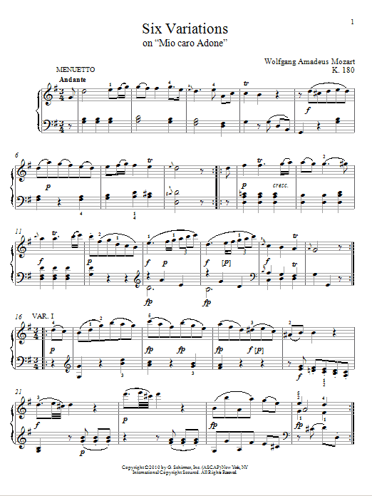 Wolfgang Amadeus Mozart Six Variations on Mio Caro Adone, K. 180 sheet music notes and chords arranged for Piano Solo