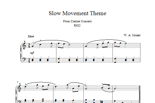 Wolfgang Amadeus Mozart Slow Movement Theme from Clarinet Concerto sheet music notes and chords arranged for Piano Solo