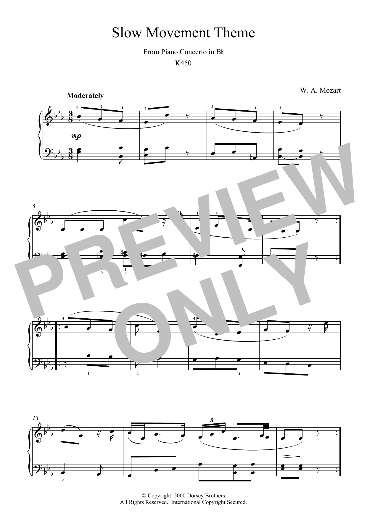 Wolfgang Amadeus Mozart Slow Movement Theme from Piano Concerto in B Flat K450 sheet music notes and chords arranged for Piano Solo