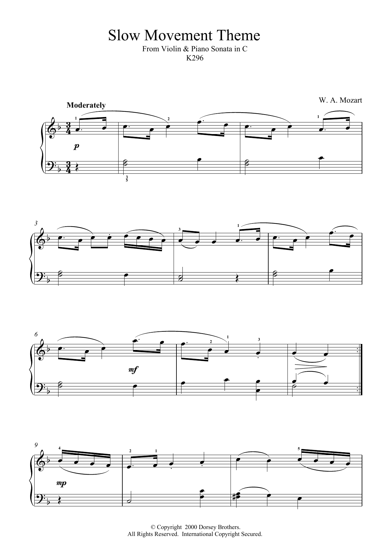 Wolfgang Amadeus Mozart Slow Movement Theme from Violin and Piano Sonata in C, K296 sheet music notes and chords arranged for Piano Solo