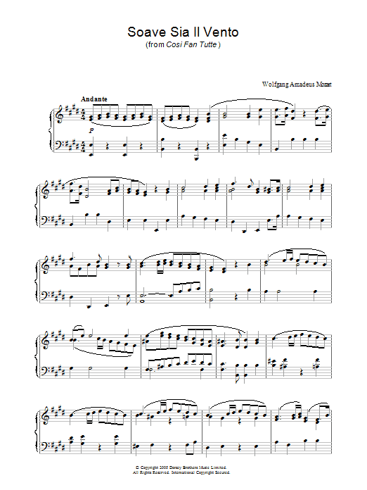 Wolfgang Amadeus Mozart Soave Sia Il Vento (from Cosi Fan Tutte) sheet music notes and chords arranged for Piano Solo