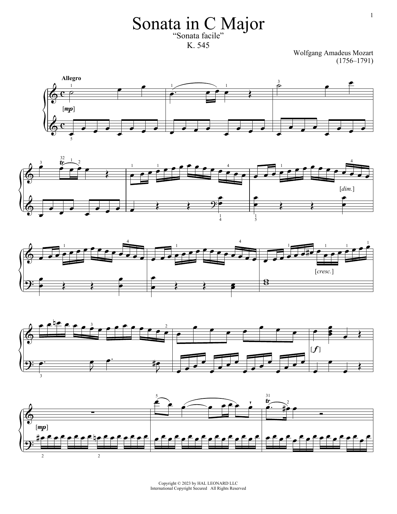 Wolfgang Amadeus Mozart Sonata In C Major, K. 545 sheet music notes and chords arranged for Piano Solo