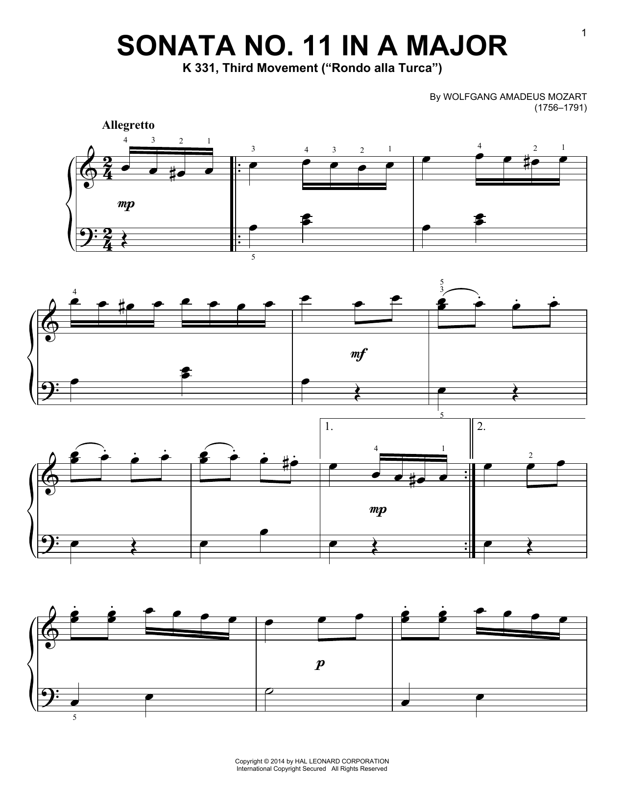 Wolfgang Amadeus Mozart Sonata No. 11 In A Major, K 331, Third Movement (