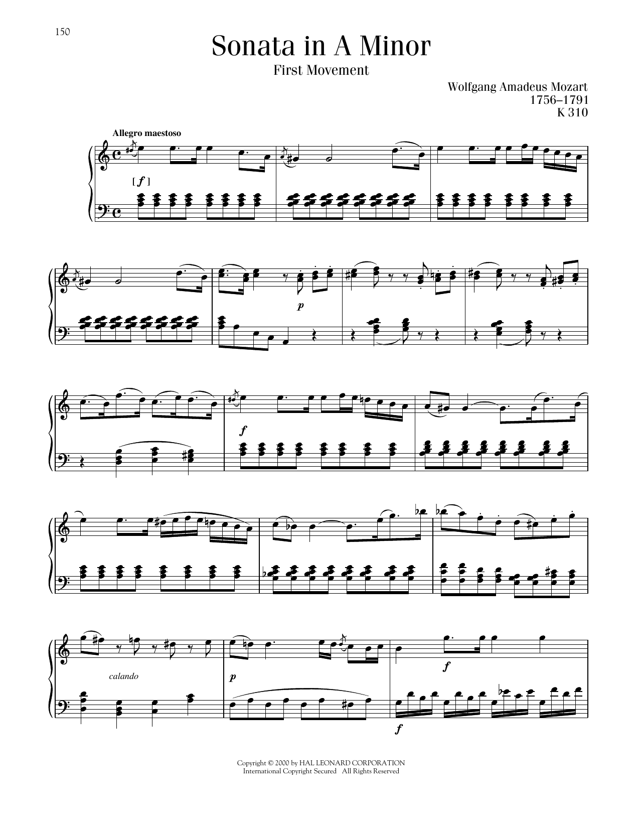 Wolfgang Amadeus Mozart Sonata No. 8 In A Minor, K. 310 sheet music notes and chords arranged for Piano Solo