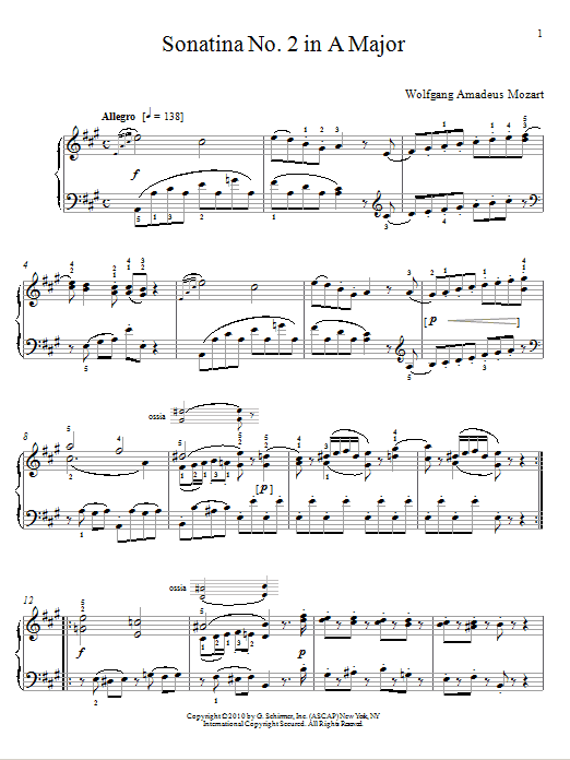 Wolfgang Amadeus Mozart Sonatina No. 2 In A Major sheet music notes and chords arranged for Piano Solo
