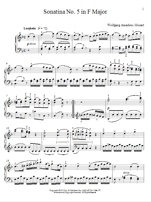 Wolfgang Amadeus Mozart Sonatina No. 5 In F Major sheet music notes and chords arranged for Piano Solo