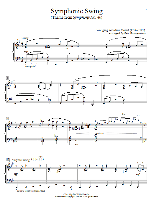 Wolfgang Amadeus Mozart Symphonic Swing (Theme From Symphony No. 40) sheet music notes and chords arranged for Educational Piano