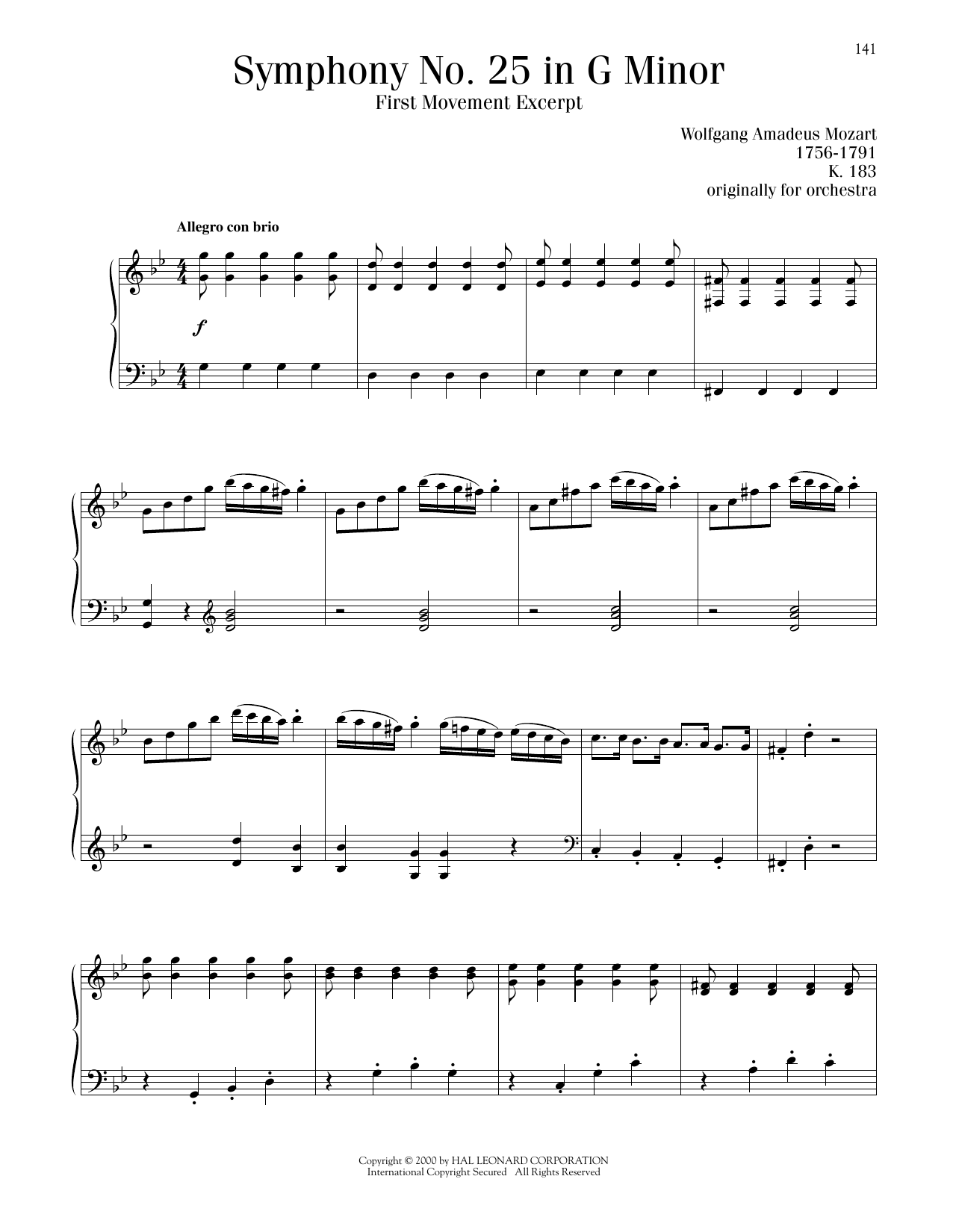 Wolfgang Amadeus Mozart Symphony No. 25, First Movement Excerpt sheet music notes and chords arranged for Piano Solo