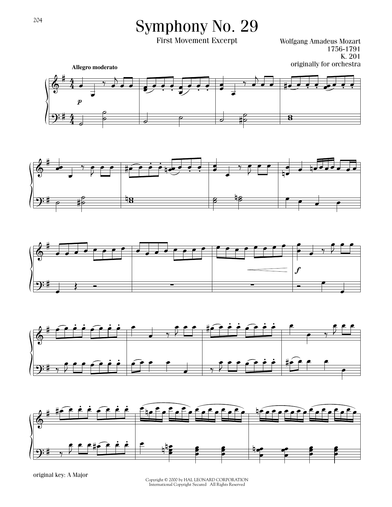 Wolfgang Amadeus Mozart Symphony No. 29, First Movement Excerpt sheet music notes and chords arranged for Piano Solo