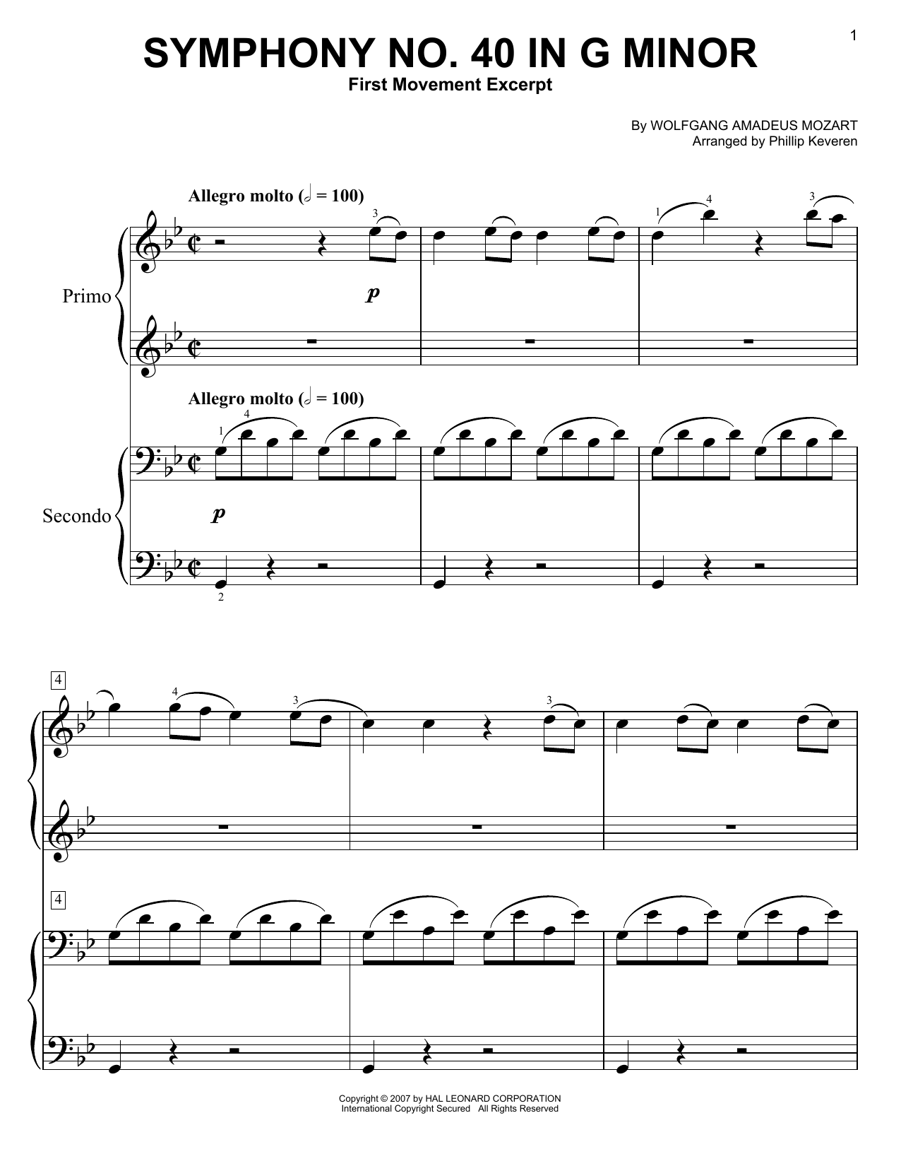 Wolfgang Amadeus Mozart Symphony No. 40 In G Minor, First Movement Excerpt (arr. Phillip Keveren) sheet music notes and chords arranged for Easy Piano Duet