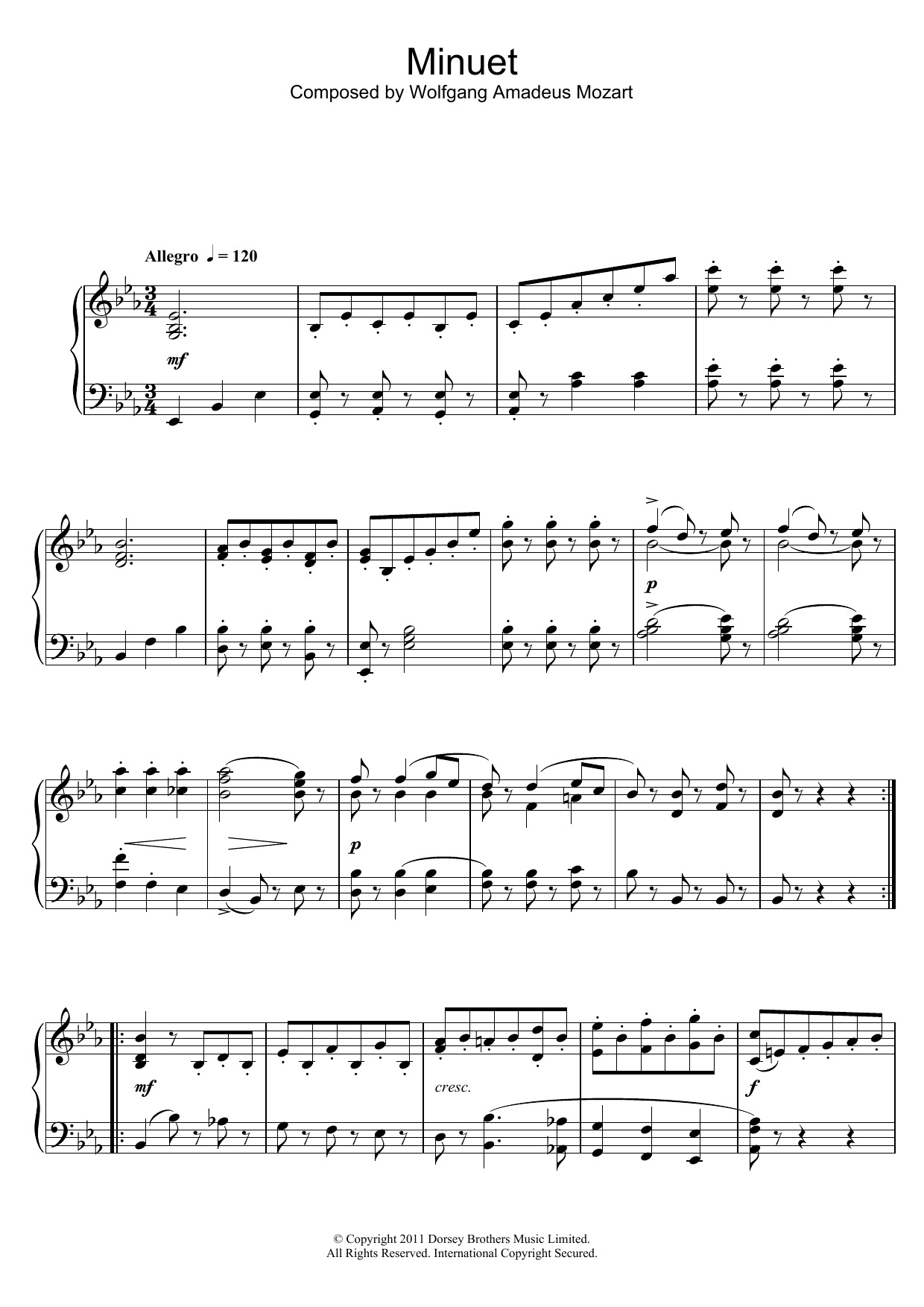 Wolfgang Amadeus Mozart Symphony No.39 (3rd Movement: Minuet) sheet music notes and chords arranged for Piano Solo
