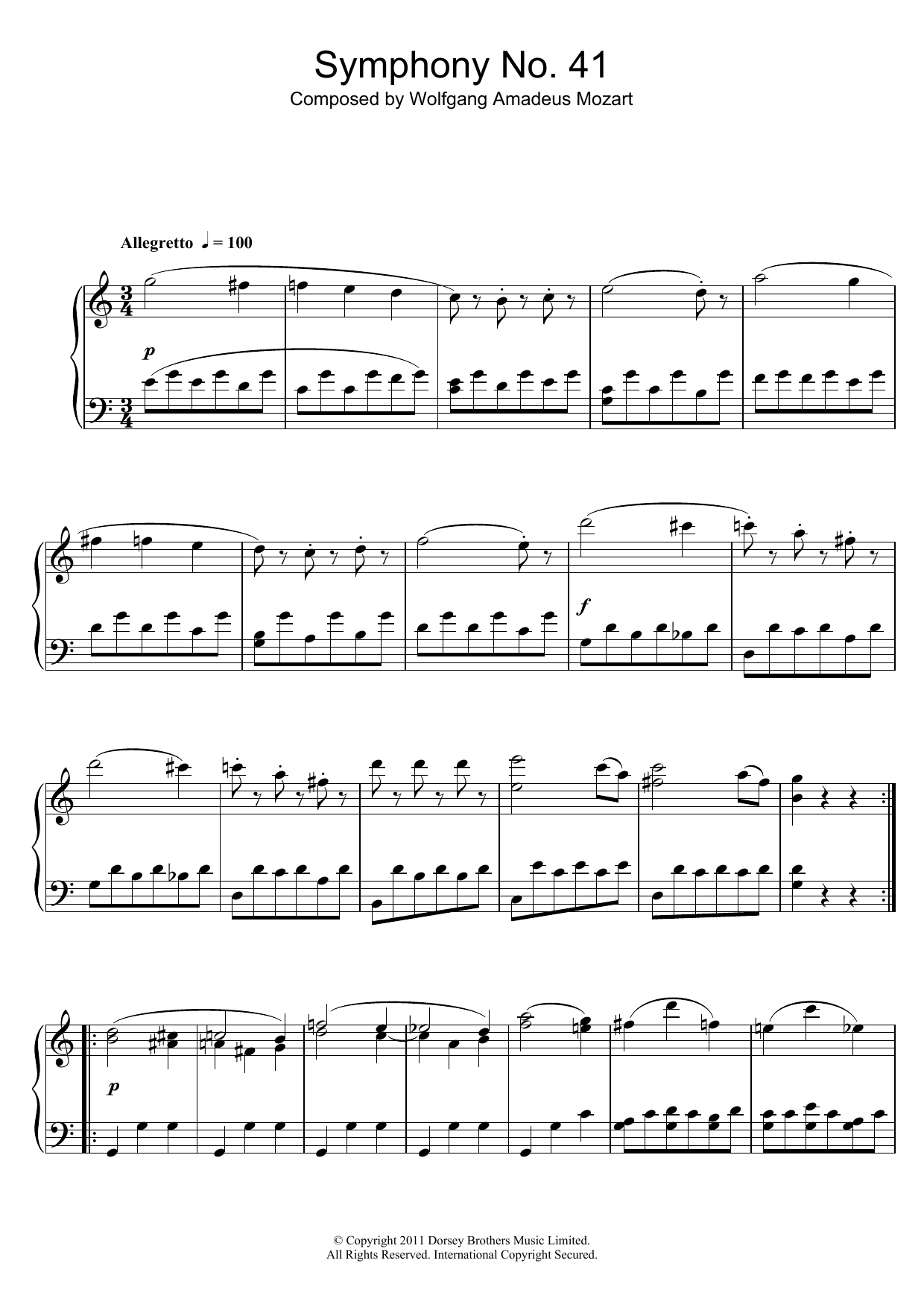 Wolfgang Amadeus Mozart Symphony No.41 'Jupiter' (3rd Movement: Minuet) sheet music notes and chords arranged for Piano Solo