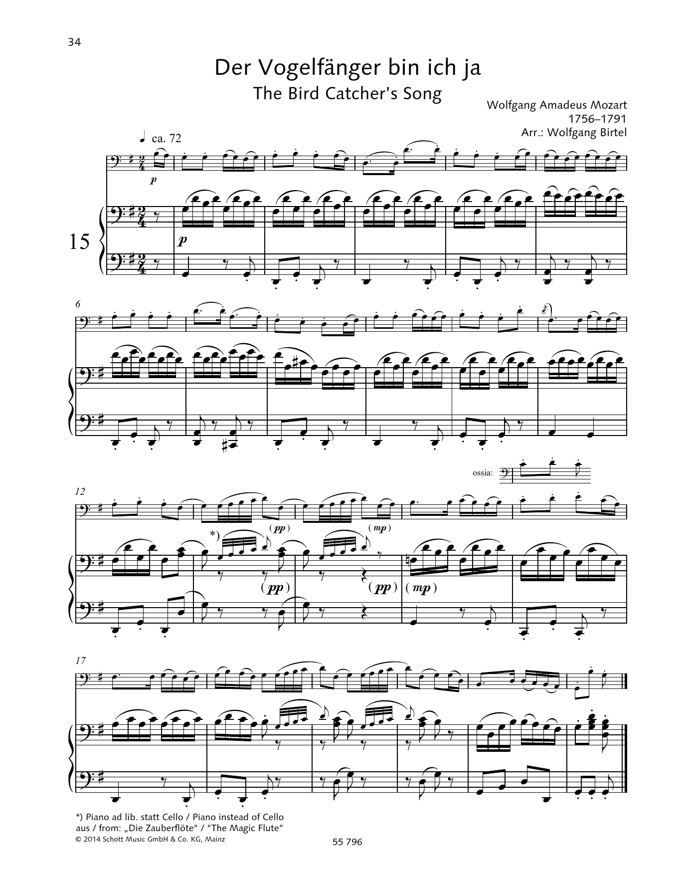 Wolfgang Amadeus Mozart The Bird Catcher's Song sheet music notes and chords arranged for String Solo