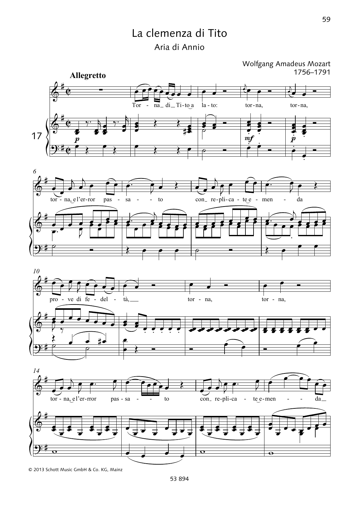 Wolfgang Amadeus Mozart Torna di Tito a lato sheet music notes and chords arranged for Piano & Vocal