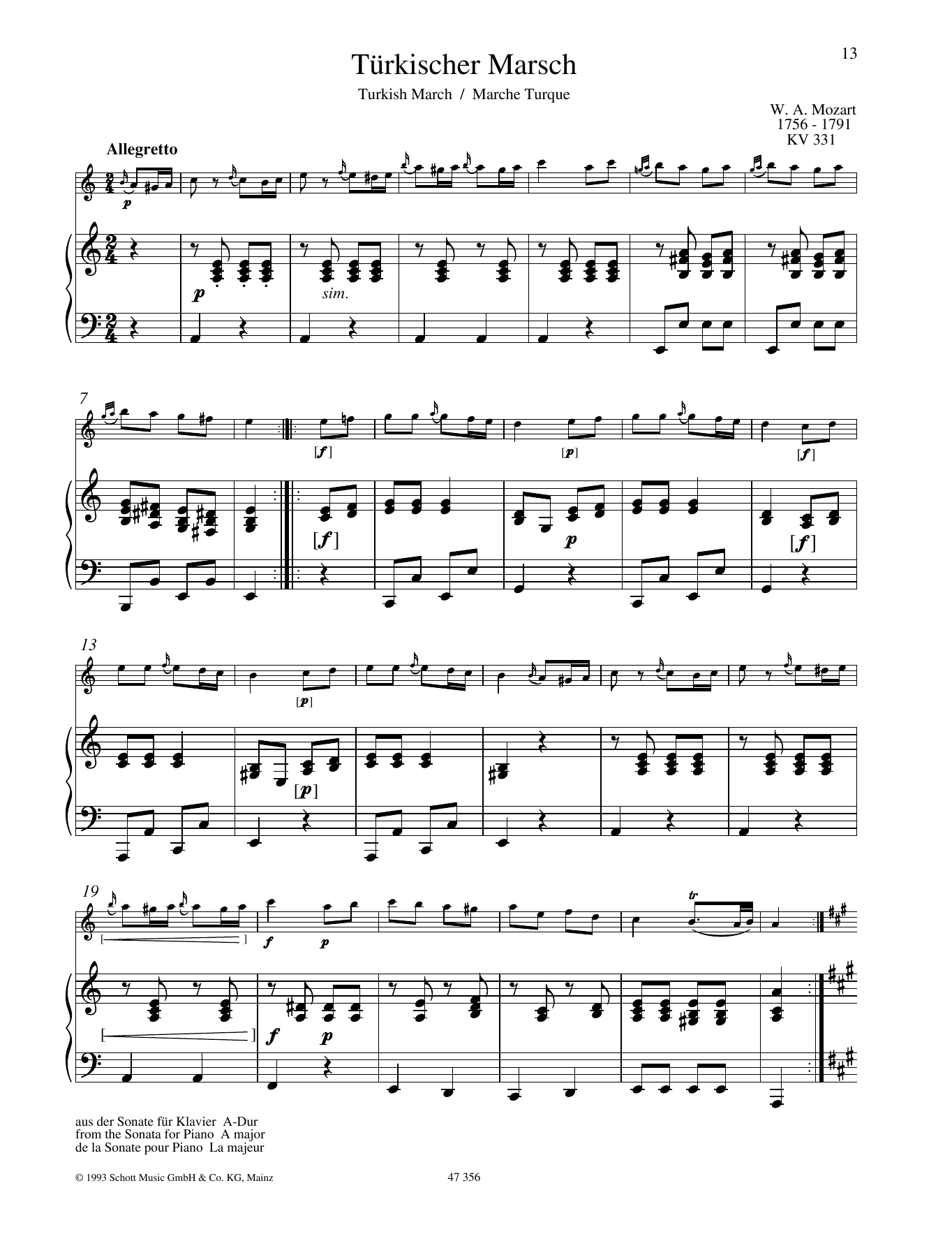 Wolfgang Amadeus Mozart Turkischer Marsch sheet music notes and chords arranged for Woodwind Solo