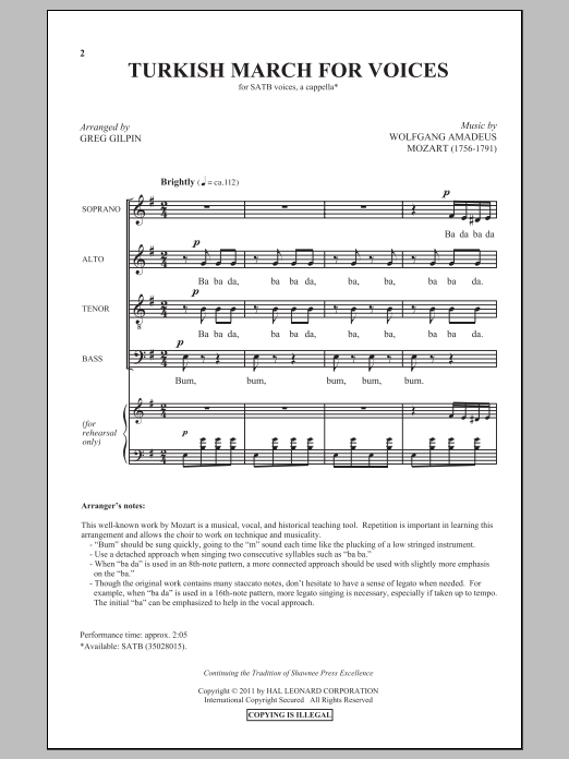 Wolfgang Amadeus Mozart Turkish March (arr. Greg Gilpin) sheet music notes and chords arranged for SATB Choir