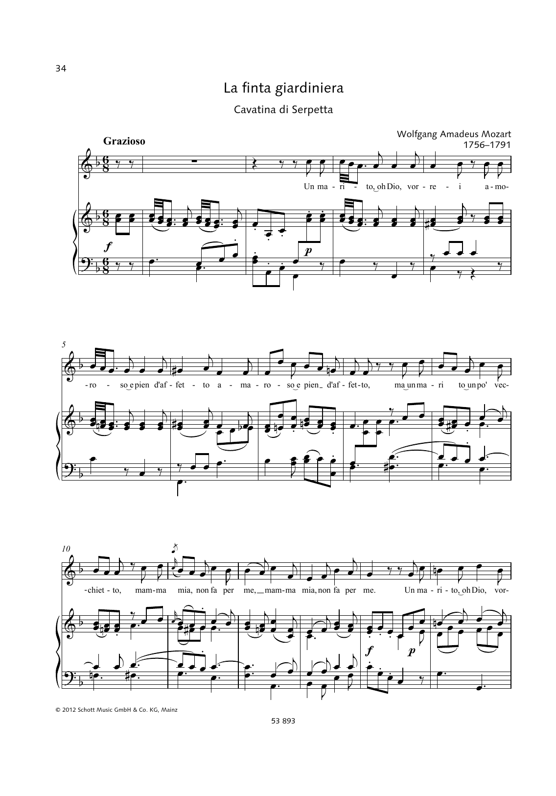 Wolfgang Amadeus Mozart Un marito, oh Dio, vorrei sheet music notes and chords arranged for Piano & Vocal