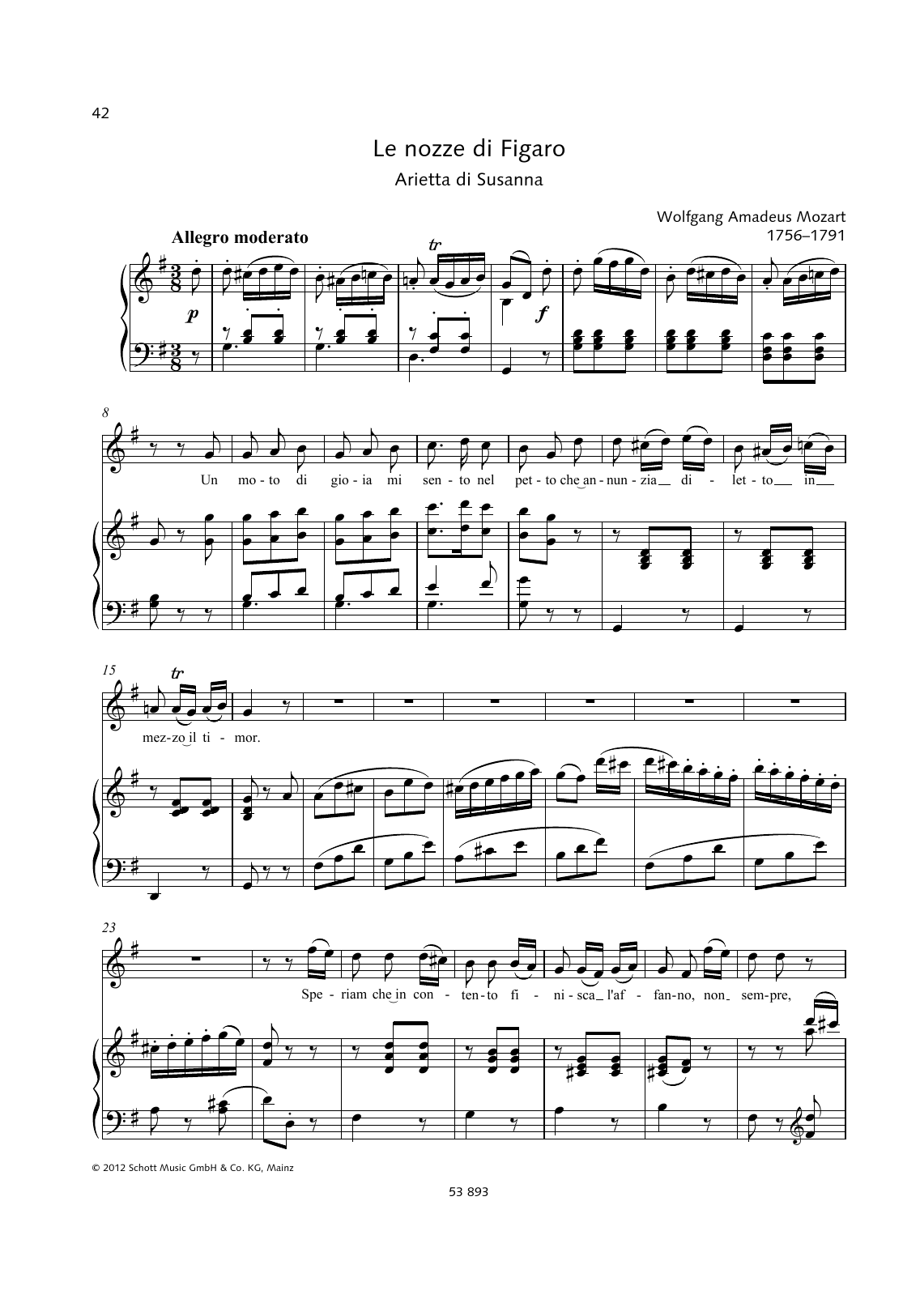 Wolfgang Amadeus Mozart Un Moto di Gioia sheet music notes and chords arranged for Piano & Vocal