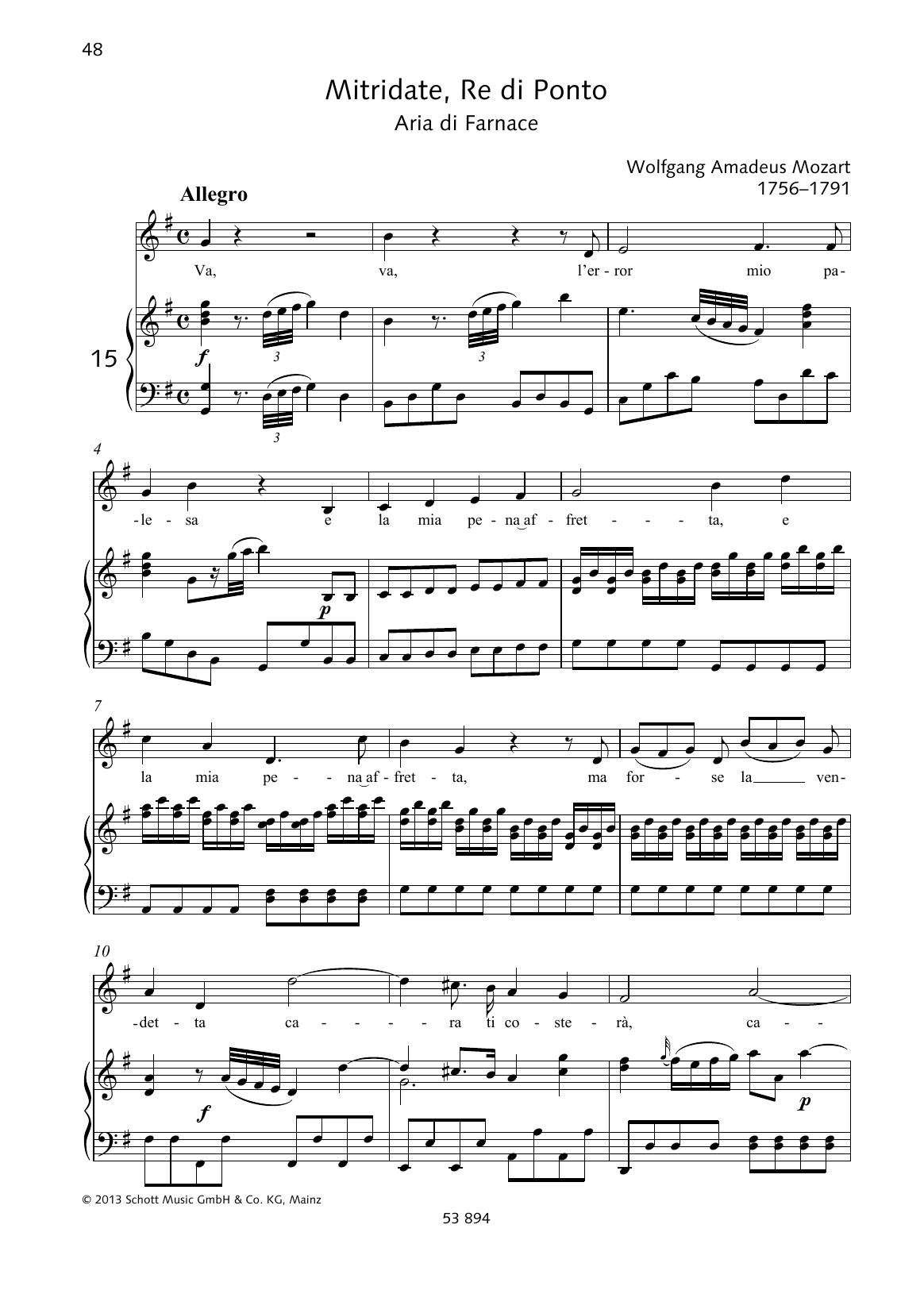 Wolfgang Amadeus Mozart Va, va, l'error mio palesa sheet music notes and chords arranged for Piano & Vocal