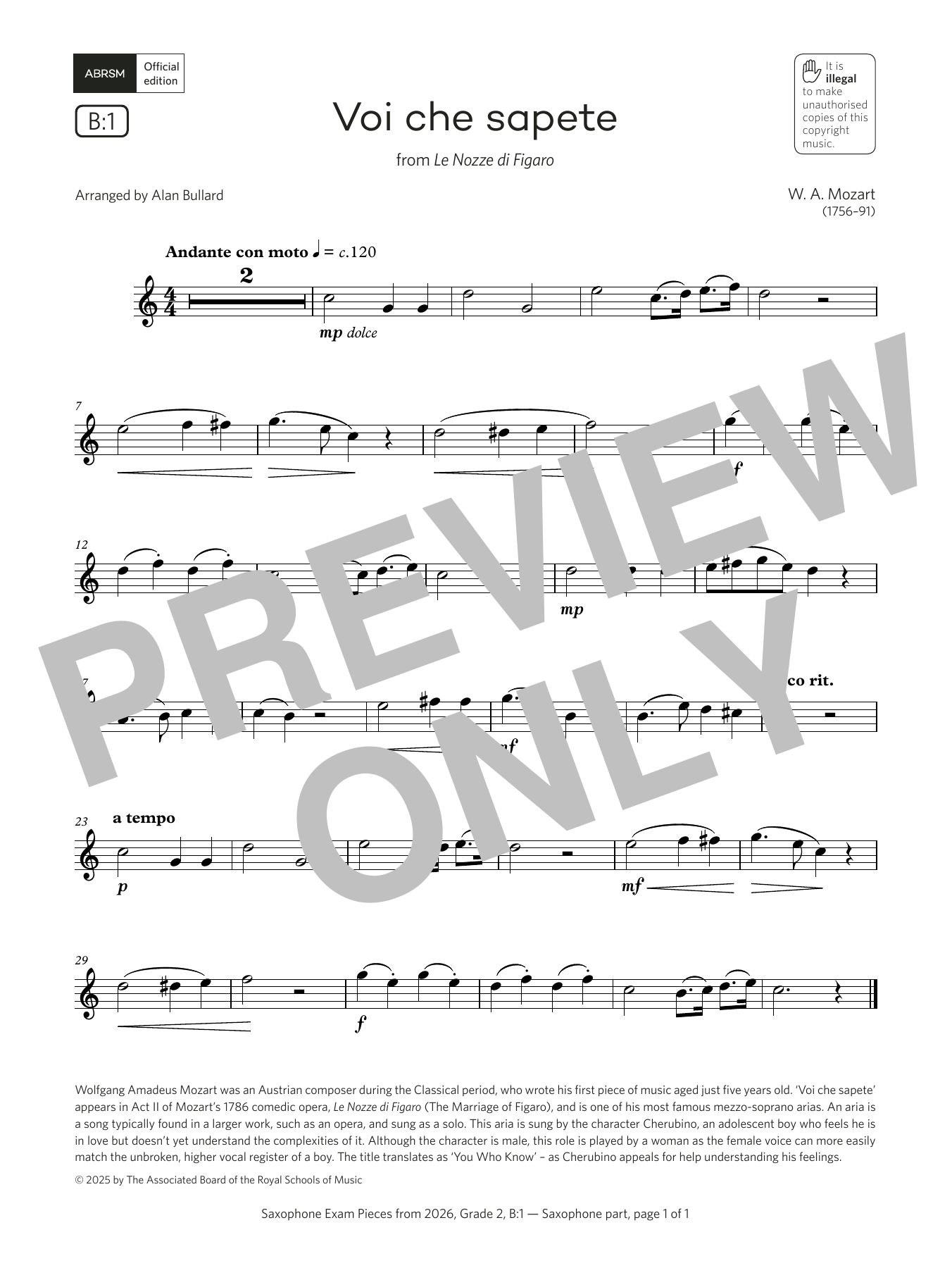 Wolfgang Amadeus Mozart Voi che sapete (Grade 2, list B1, from the ABRSM Saxophone Syllabus from 2026) sheet music notes and chords arranged for Alto Sax Solo
