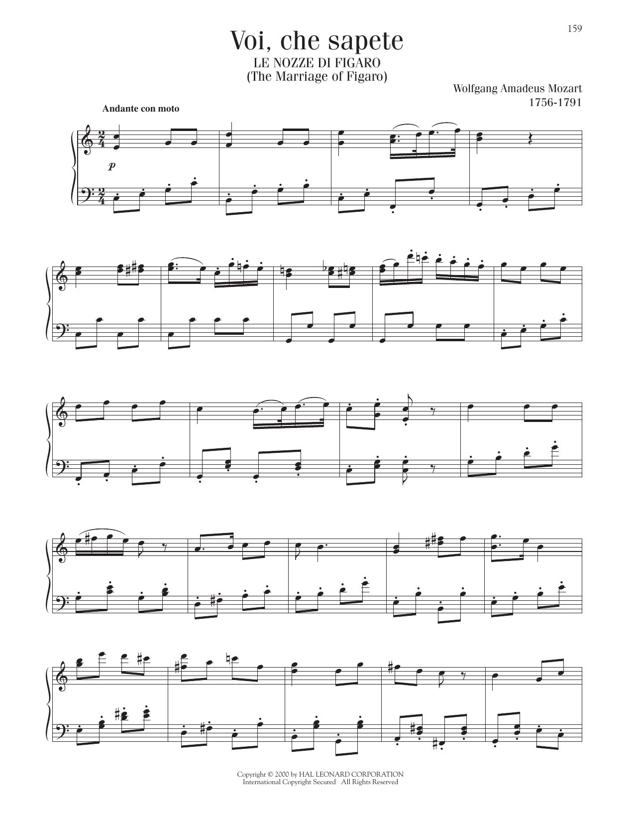 Wolfgang Amadeus Mozart Voi, Che Sapete (The Marriage Of Figaro) sheet music notes and chords arranged for Piano Solo