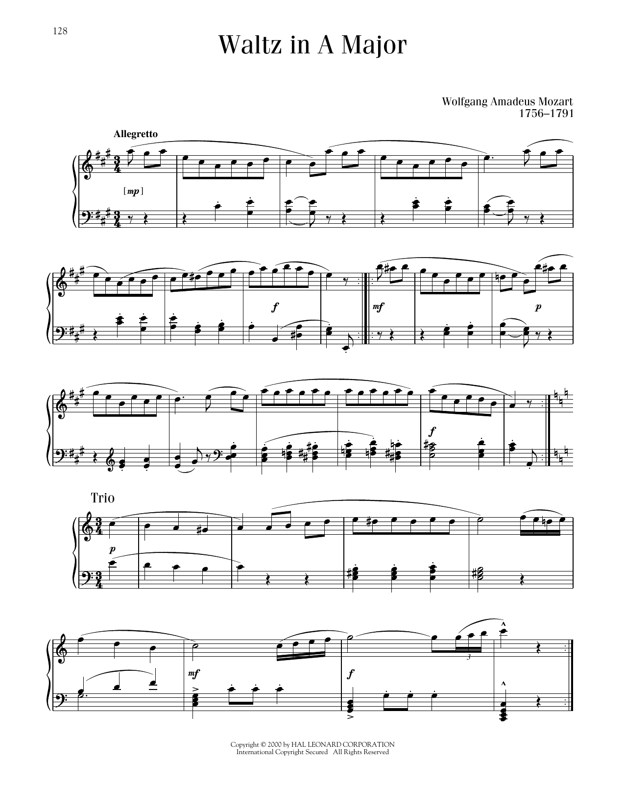 Wolfgang Amadeus Mozart Waltz In A Major sheet music notes and chords arranged for Piano Solo