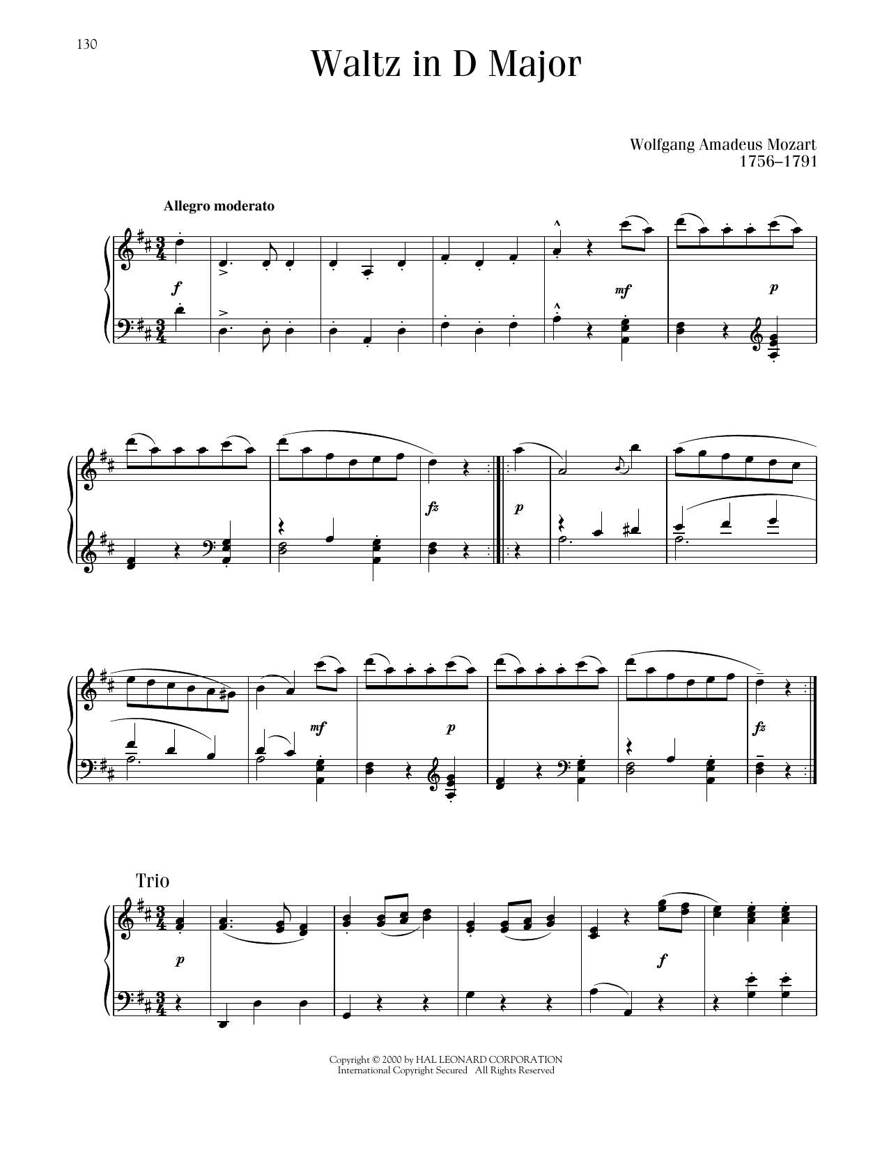 Wolfgang Amadeus Mozart Waltz In D Major sheet music notes and chords arranged for Piano Solo