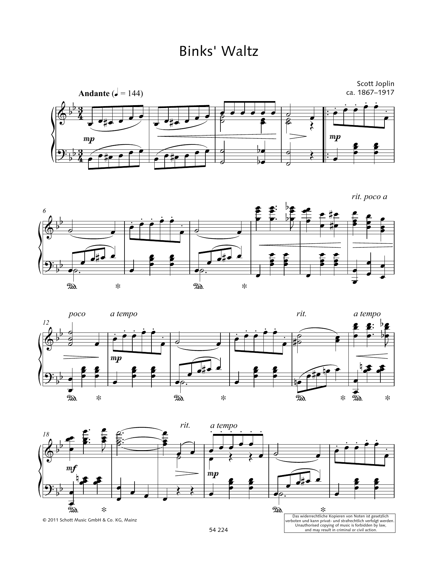 Wolfgang Birtel Binks' Waltz sheet music notes and chords arranged for Piano Solo