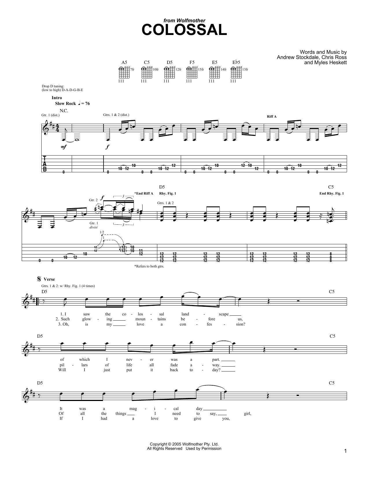 Wolfmother Colossal sheet music notes and chords arranged for Guitar Tab