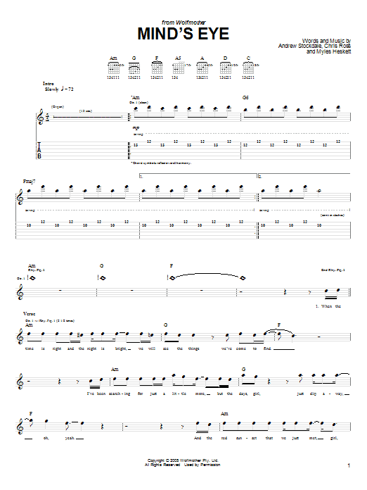 Wolfmother Mind's Eye sheet music notes and chords arranged for Guitar Tab