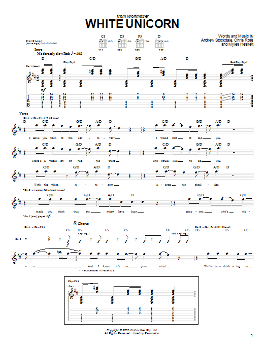 Wolfmother White Unicorn sheet music notes and chords arranged for Guitar Tab