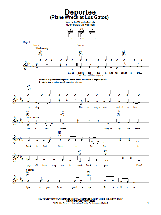 Woody Guthrie Deportee (Plane Wreck At Los Gatos) sheet music notes and chords arranged for Easy Guitar