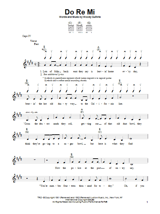 Woody Guthrie Do Re Mi sheet music notes and chords arranged for Ukulele