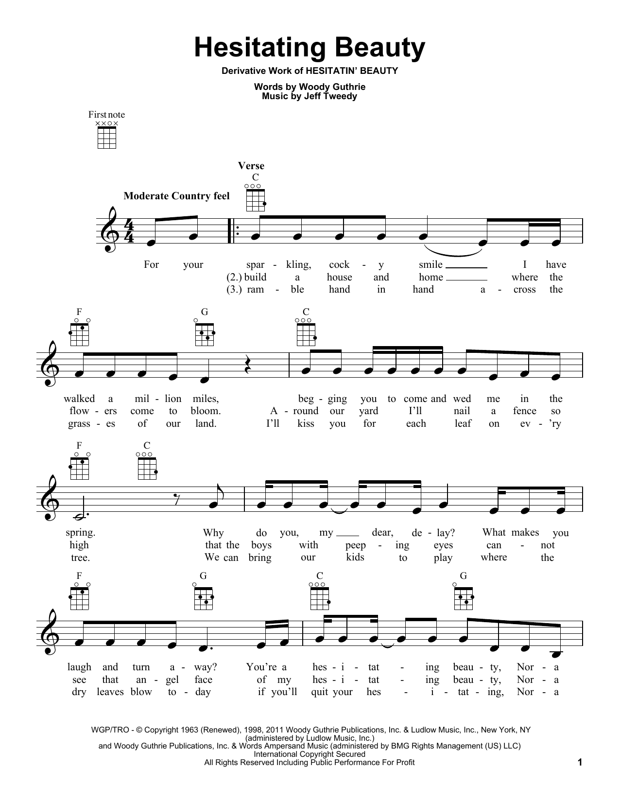 Woody Guthrie Hesitating Beauty sheet music notes and chords arranged for Ukulele