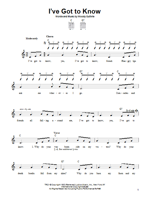 Woody Guthrie I've Got To Know sheet music notes and chords arranged for Easy Guitar
